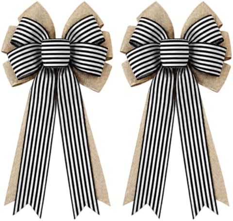 2 Pcs Black and White Striped Burlap Wreath Bows, Large Farmhouse Hanging Bows with Wired Edge, Decorative Bow for Front Door Wreath, Porch, Wall, Stair Rail, Halloween, Wedding, Christmas Decor