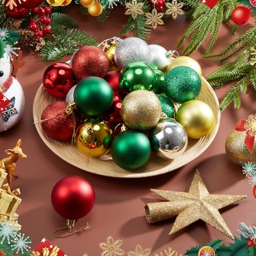 RoundFunny 25 Pcs Mini Christmas Balls Ornaments Set 2.36 Inch Christmas Day Ball Topper Star Tree Hanging Ornaments for Party Decoration(Classic Colors)
