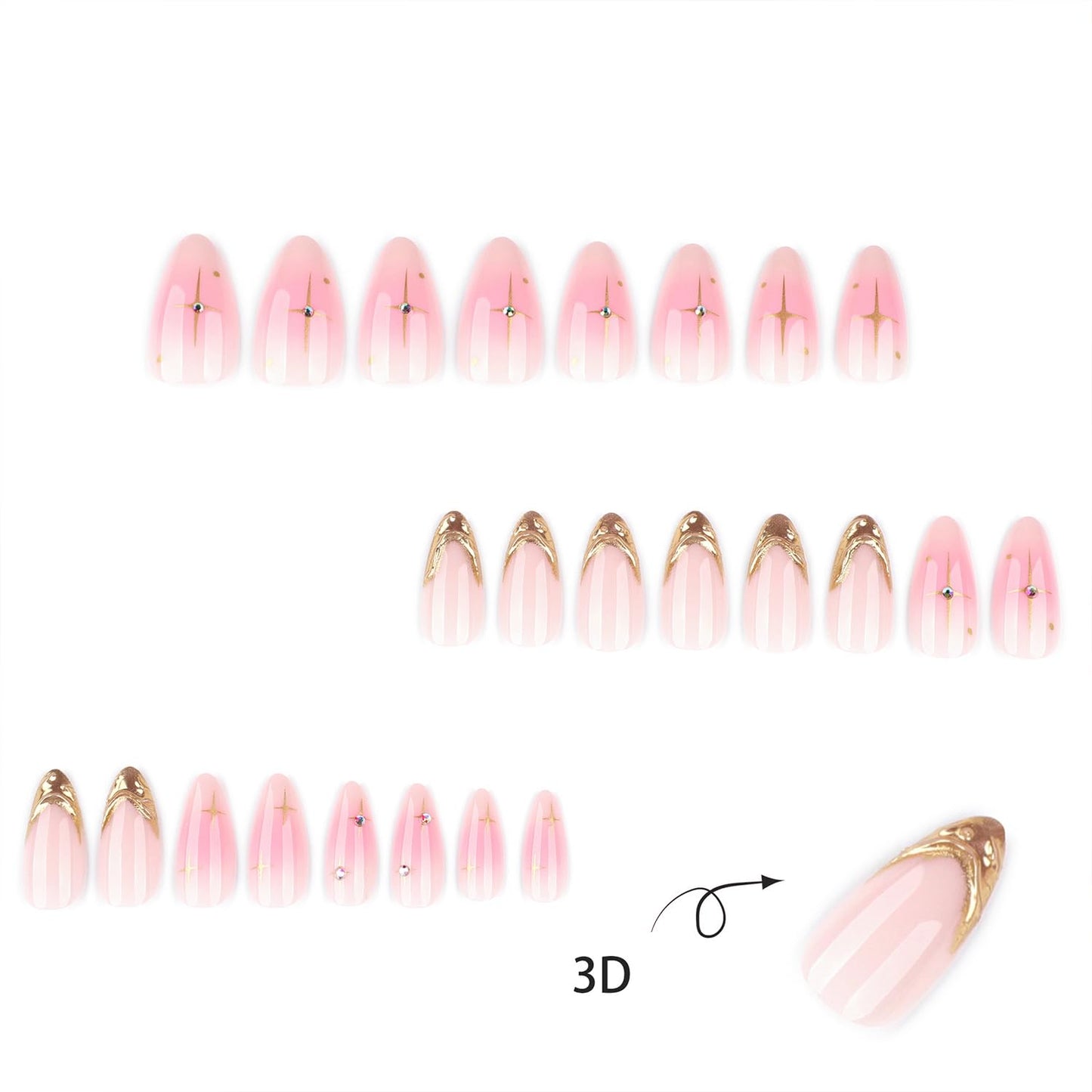 3D Gold Irregular French Tip Press on Nails Medium Almond Gradient Fake Nails Star Rhinestones Acrylic False Nail Glossy Full Cover Glue on Nail for Women