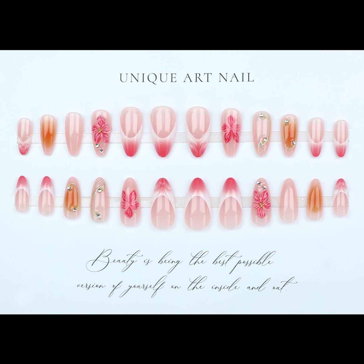 Medium Almond Press on Nails Pink, 3D Flower Fake Nails with Shell Pattern Design, Summer False Nails Press ons Full Cover Glue on Nails for Women Summer Vacation Beach Manicure Kit, 24Pcs