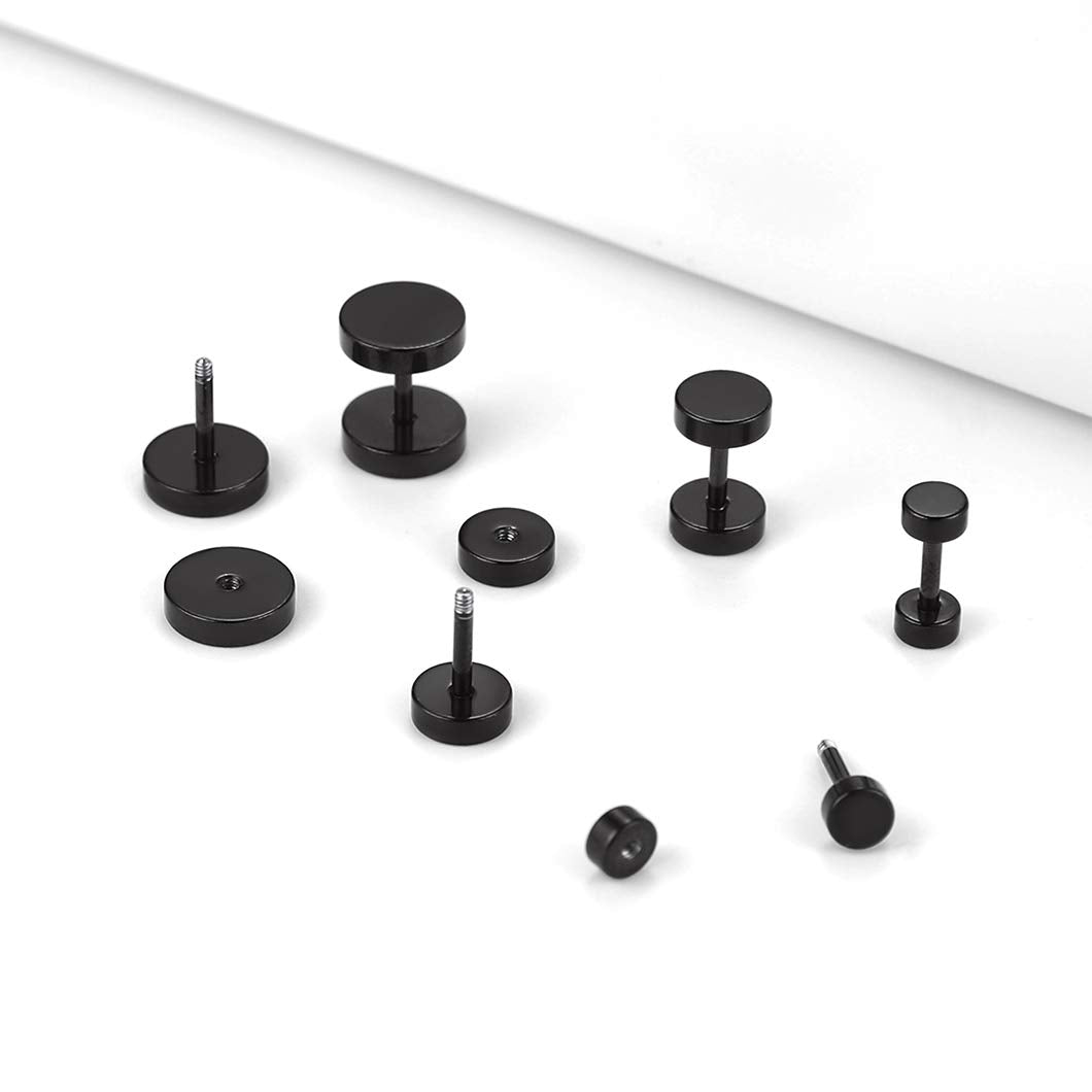 Hip Hop Round Cartilage Stud Earrings Black Plated Stainless Steel Piercing Barbell Ear Studs for Men Women