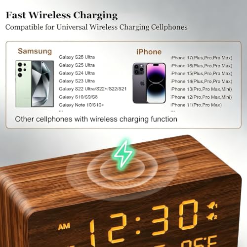 Premium Brown Wooden Digital Alarm Clock with Wireless Phone Charger, Dual USB Charging Ports, Dimmable LED Display, Date and Day of Week, Small Digital Desk Clock for Bedroom Nightstand Bedside Table