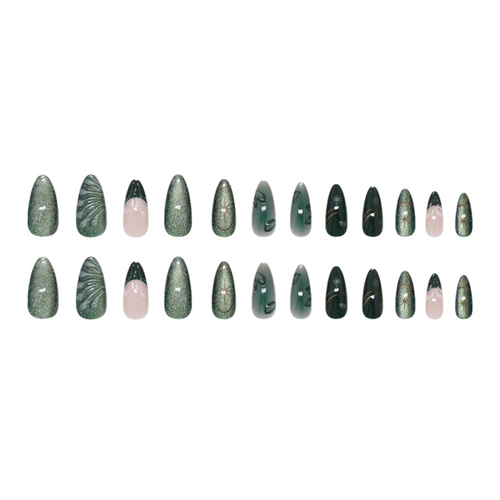 24 Pcs Glitter Green Press on Nails Short Almond,MINGCHUN Summer French Fake Nails Press ons Acrylic Nail Art Tips Kit Full Cover False Nails Glue on Nails with 3D Texture Cat's Eye Design for Women