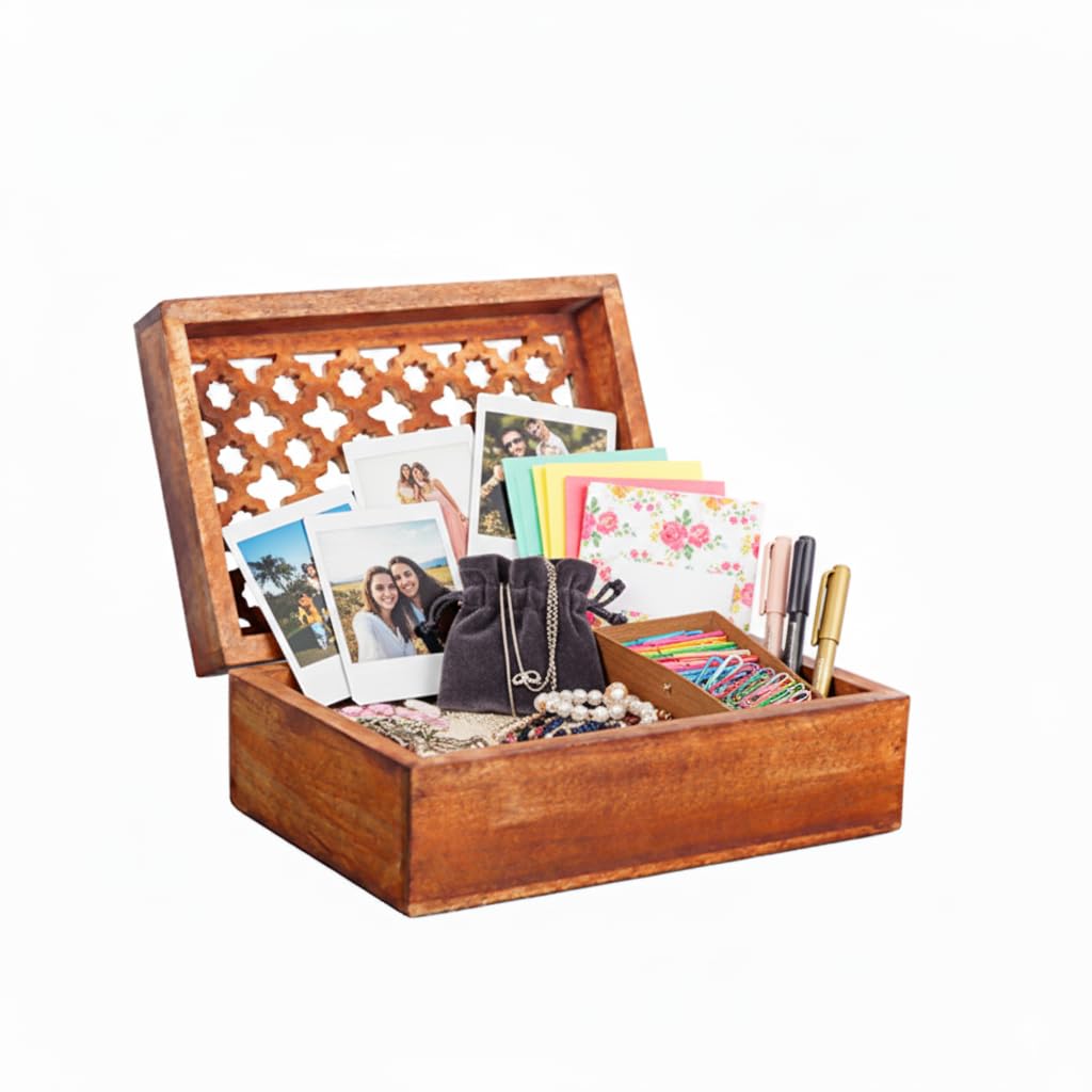 Mela Artisans Trellis Mango Wood Decorative Storage Box – Hand-Carved Wooden Jewelry Box for Keepsakes, Accessories & Home Decor – Medium Burnt, Large, 9 x 6 x 3.5