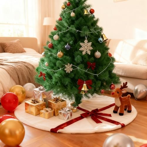 Christmas Tree Skirt 48 Inch, White Tree Skirt with Red Bow,Christmas Decorations,Xmas Tree Skirt for Home Party Holiday Indoor Outdoor Decorations (Large-48inch)