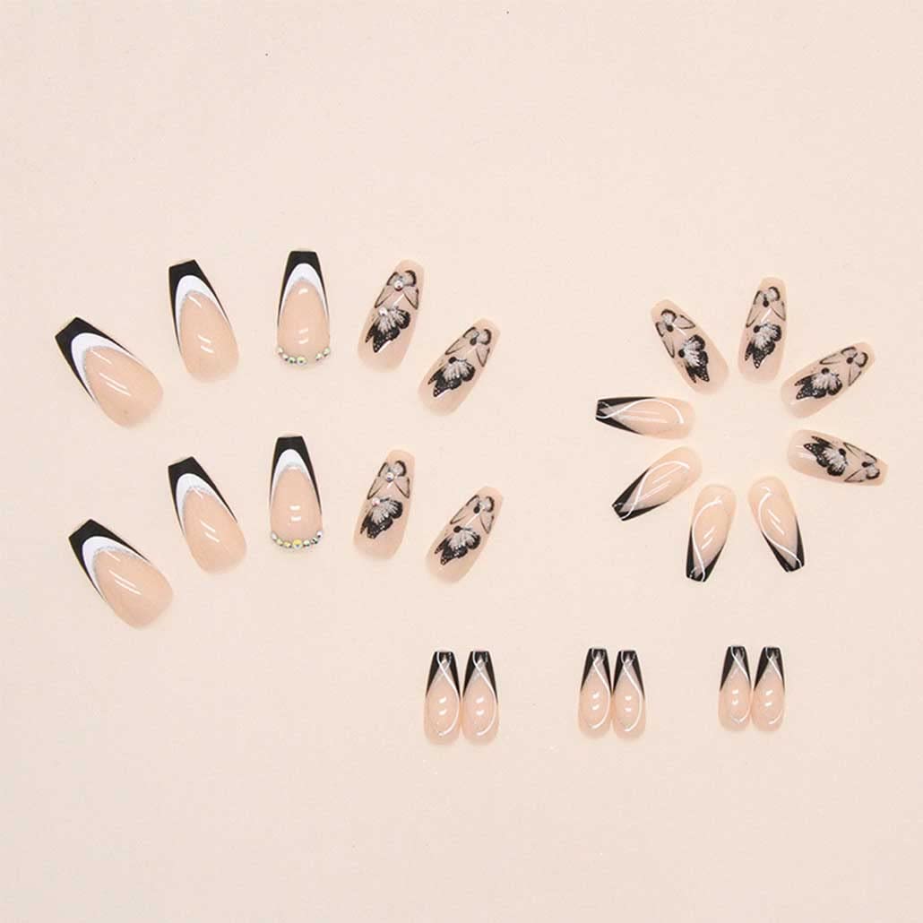 Foccna French Black Press on Nails Medium, Butterfly Fake Nails Nude Coffin Acrylic False Nails,Artificial Nails for Women and Girls-24pcs