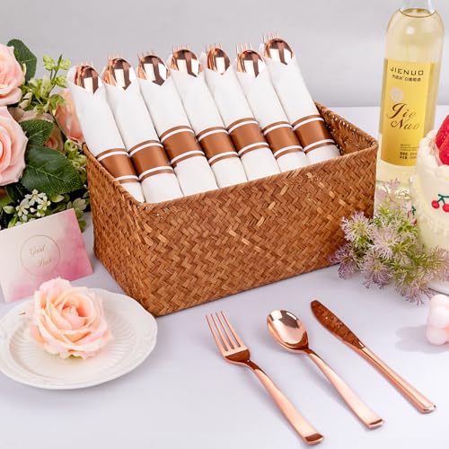 50Guests Pre Rolled Rose Gold Plastic Silverware Sets - Heavy Duty Rose Gold Cutlery - Include 50 Pack Wrapped Disposable Utensils with Napkins for Parties, Dinners & Weddings & Mother's Day - color: 50Pack - Rose Gold