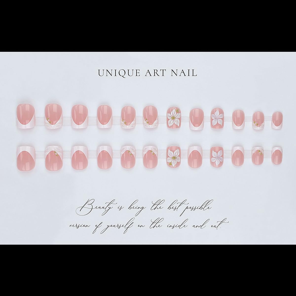 24Pcs White French Tip Press on Nails Short Square Fake Nails 3D Flower with Rhinestones Designs Natural Pink Full Cover Glue on Nails Spring False Nails Glossy Stick on Nails for Women Acrylic DIY