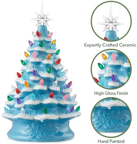 Casafield Hand Painted Ceramic Christmas Tree, Blue Snow Flocked 15-Inch Pre-Lit Tree with 128 Multi Color Lights and 2 Star Toppers