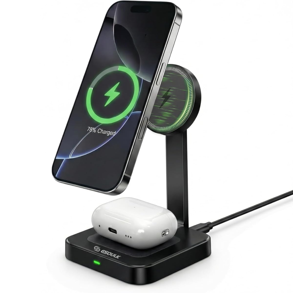 Esoulk 2 in 1 Magnetic Wireless Charging Station, Foldable Charger Stand for iPhone 17/16/15/14, AirPods Charging Pad, Travel Compact 15W Fast Wireless Charger