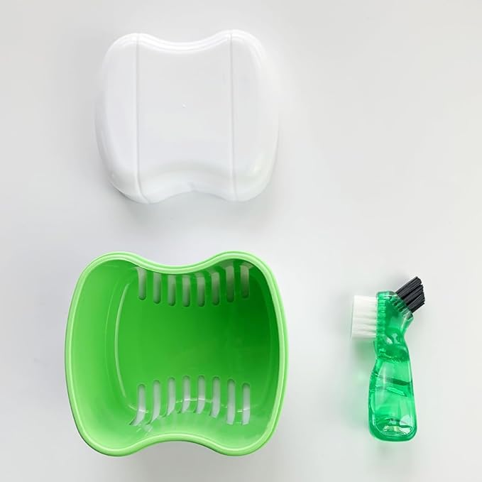 Easyinsmile Denture Bath Case with Brush for Travel Denture Cups for Soaking Dentures Retainer Cleaning Container Case with Strainer and Lid (Green)