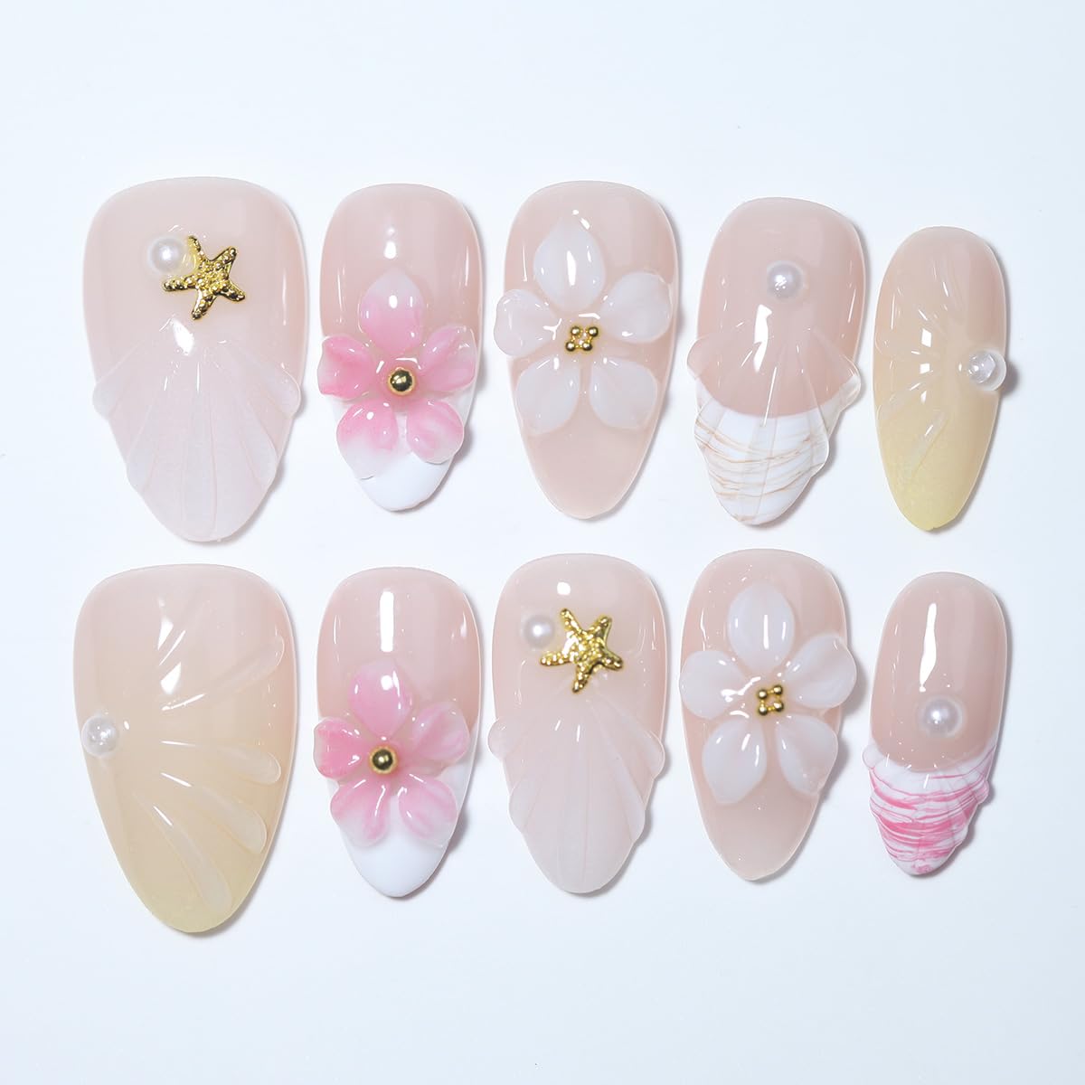 10 Short Almond Handmade Press On Nails | Coastal-Inspired 3D Floral & Starfish Nude & Pearl Accent False Nails,New styles | Skip Salon Trips, Easy to Apply & Remove, Reusable (251107, S)