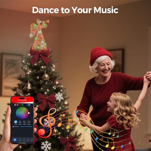 Smart Christmas Tree Topper, 11" RGB Angel Tree Topper, Timer, App Control, USB Powered, Music Sync, Gold Tree Topper for Indoor Party Holiday Decor