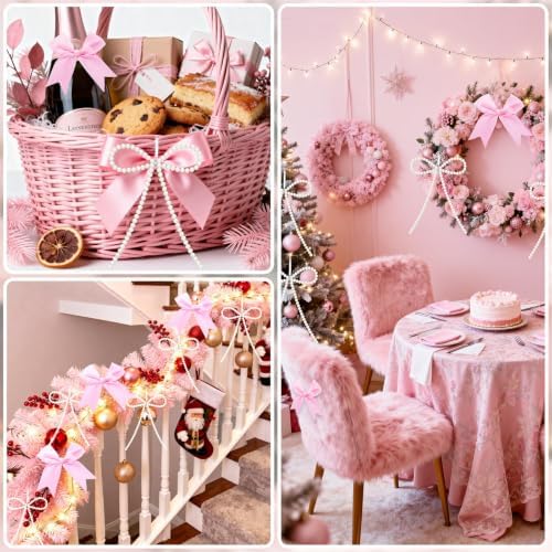 18 Pcs Pink Bow Ornaments for Christmas Tree,Include 6 White Pearl Bows 12 Pink Satin Ribbon Bows,Bow Ornaments Christmas Tree Toppers for Home Wreath Fireplace Xmas Gift Packaging Wedding Party Decor