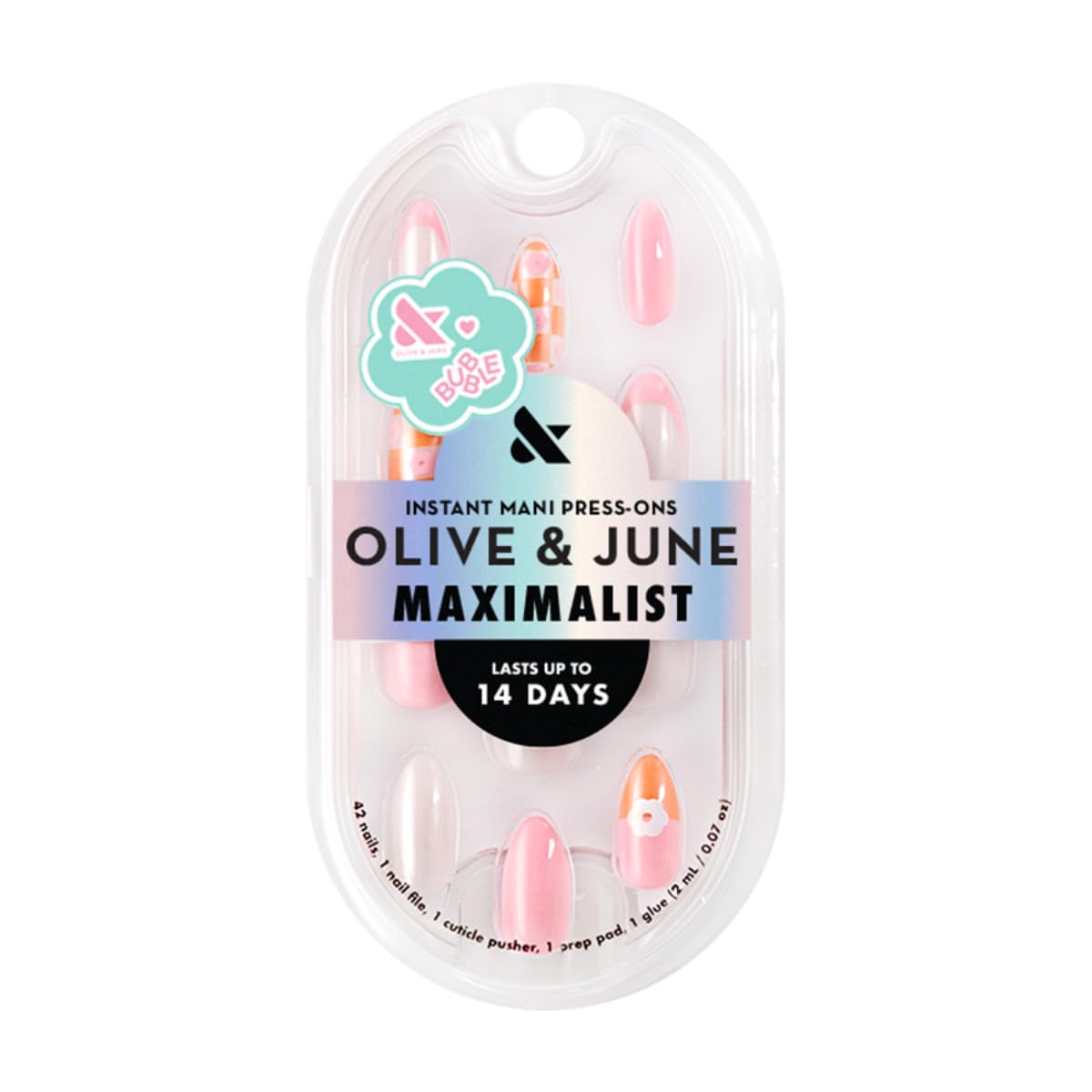 Olive & June Maximalist Instant Mani Press-On Nails (Glue) | 42 Fake Nails, 21 Sizes | Non-Toxic, Long-Lasting Big, Bold Gorgeous Realistic Look | Medium, Almond | Chrome Flower Mixed Pack