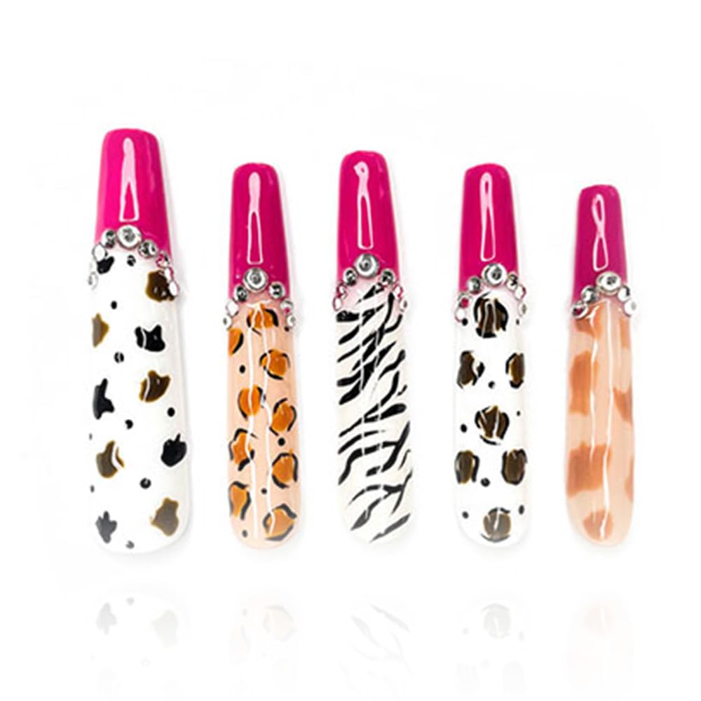 GGddsha 2025 100% Handmade Nails Long and Reusable PMMA Acrylic Press on Nails With Rhinestone Zebra French Design Reusable Full Coverage Fake Nails Handmade Nails Ladies Fake Nail Set (Zebra, M)