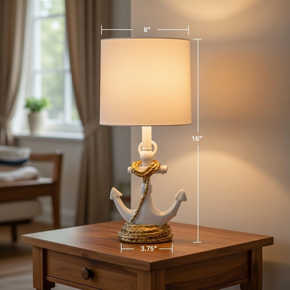 Decor Therapy Anchor Resin Accent Lamp, Easy on/Off Push-Through Light Switch, Coastal Style, Energy Efficient, 40W, White - (8" D x 8" W x 16" H)