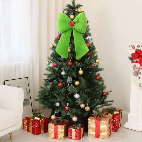Soulchen 2 Pcs Extra Large Green Christmas Bows Ornaments 23.6" x 13.8" Lime Green Plush Christmas Tree Topper Decorations Furry Xmas Tree Topper for Wreath Door Window Fireplace Staircase Decor