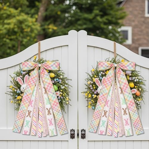 Suncalla 2 Pcs Easter Colorful Rabbits Ribbon Bow for Wreath Front Door