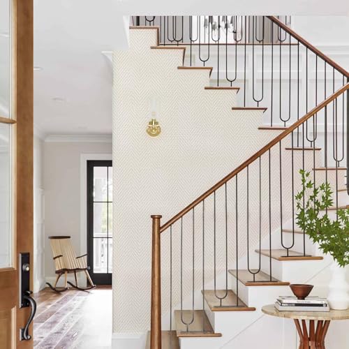 Rugreat Striped Grasscloth Wallpaper Peel and Stick Textured Grass Cloth Contact Paper for Cabinets Herringbone Fabric Wallpaper for Bedroom Beige Faux Linen Contact Paper Removable 197inL 17.3inW - size: 17.3" x 197"