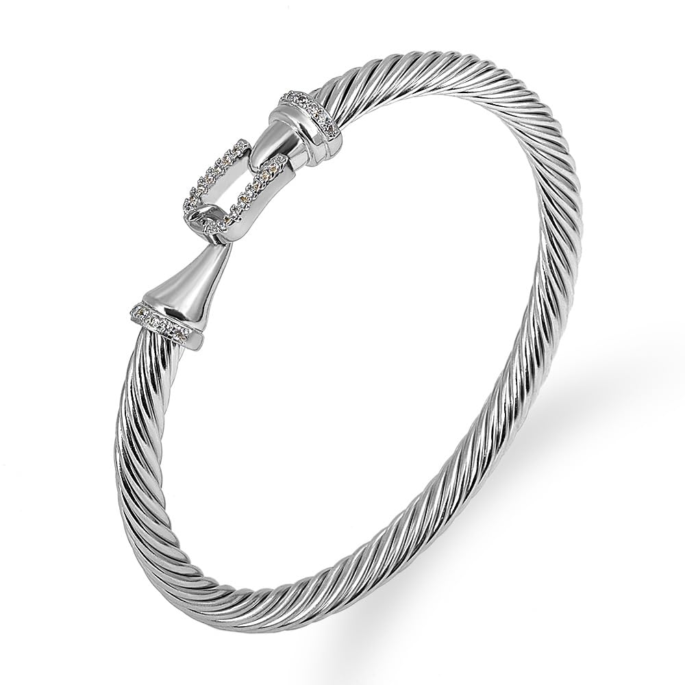 WCB1FPu Stainless Steel Cable Wire Open Cuff Adjustable Size Bangle Zircon inlaid Bracelet (17)