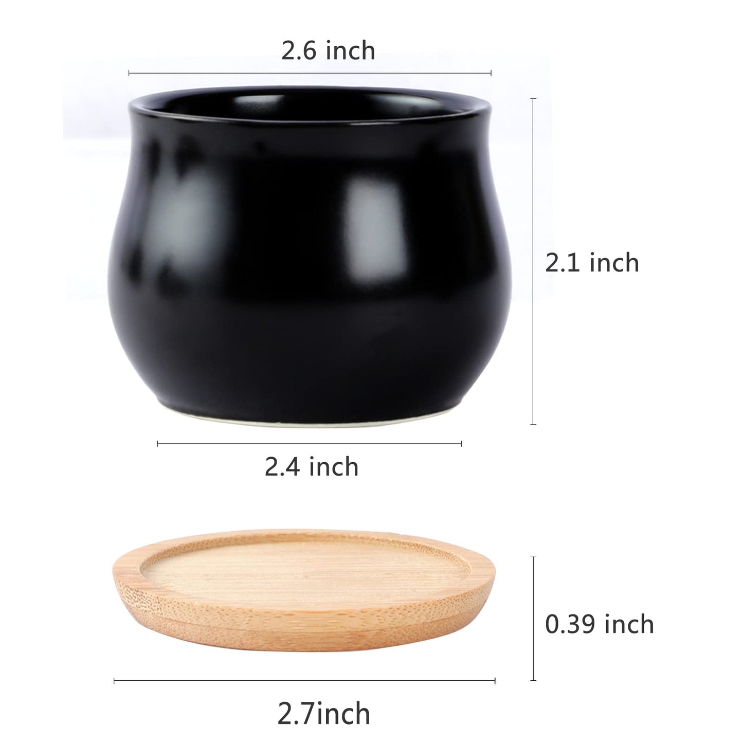 SHECIPIN 8 Pack Succulent Plant Pot, Matte Black Mini 2.6 inch Ceramic Flower Planter Pot with Bamboo Tray, Small Pots for Plants, Plants Not Included