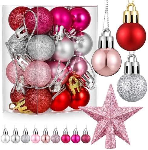 RoundFunny 25 Pcs Mini Christmas Balls Ornaments Set 0.79 Inch Christmas Day Ball Topper Star Tree Hanging Ornaments for Party Decoration(Fresh Colors)