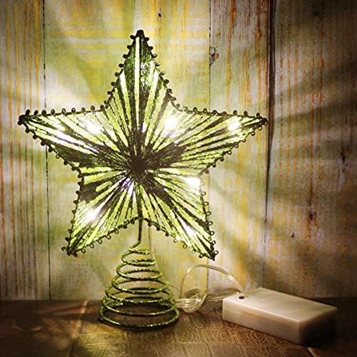 CVHOMEDECO. Green Glittered 3D Tree Top Star with Warm White LED Lights and Timer for Christmas Tree Decoration and Holiday Seasonal D??cor, 8 x 10 Inch