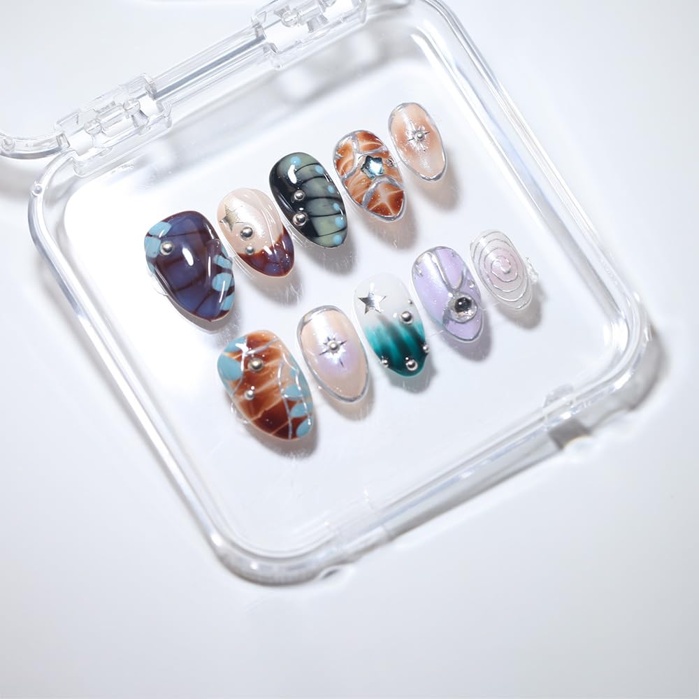 10 Short Almond Handmade Press On Nails | 3D Floral Dopamine Sweet & Edgy Design with Snake Pattern, Marbling & Silver Gilding | Skip Salon Trips, Easy to Apply & Remove, Reusable(251112, S)