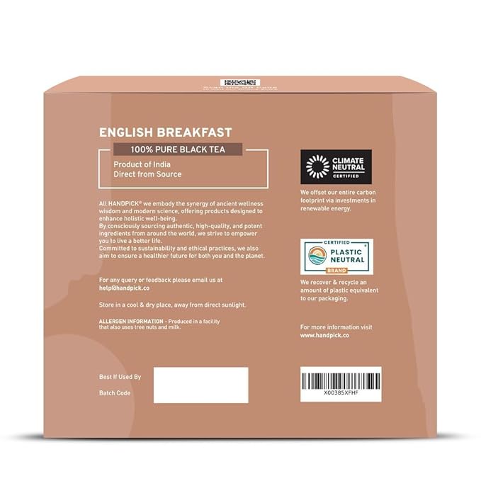 HANDPICK, Organic English Breakfast Black Tea Bags (100 Count) USDA Organic, Non-GMO | Strong, Robust, High-Caffeine Black Tea | Eco-conscious Tea Bags, Brew English Breakfast Tea & Kombucha Tea