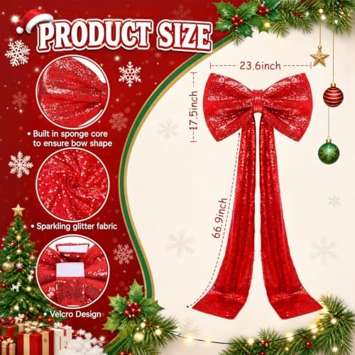 Giant Bow Red Christmas Tree Topper Decor Sequin Large Bow with Long Ribbon 75x23 Inch Gaint Xmas Tree Toppers Decor 3D Big Bows for Christmas Front Door Home Wreath Wall Backdrop Party