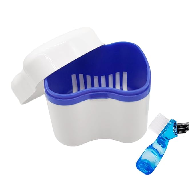Easyinsmile Denture Bath Case with Brush for Travel Denture Cups for Soaking Dentures Retainer Cleaning Container Case with Strainer and Lid (Blue)