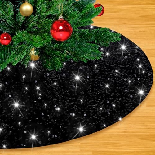 Black Christmas Tree Skirt 36 Inch Halloween Small Sequin Tree Skirt Tree Skirt Cover for 4ft Christmas Tree Decorations