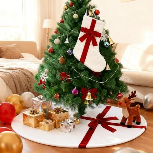 Christmas Tree Skirt 48 Inch, White Tree Skirt with Red Bow,Christmas Decorations,Xmas Tree Skirt for Home Party Holiday Indoor Outdoor Decorations (48inch +18inch Christmas Stocking)