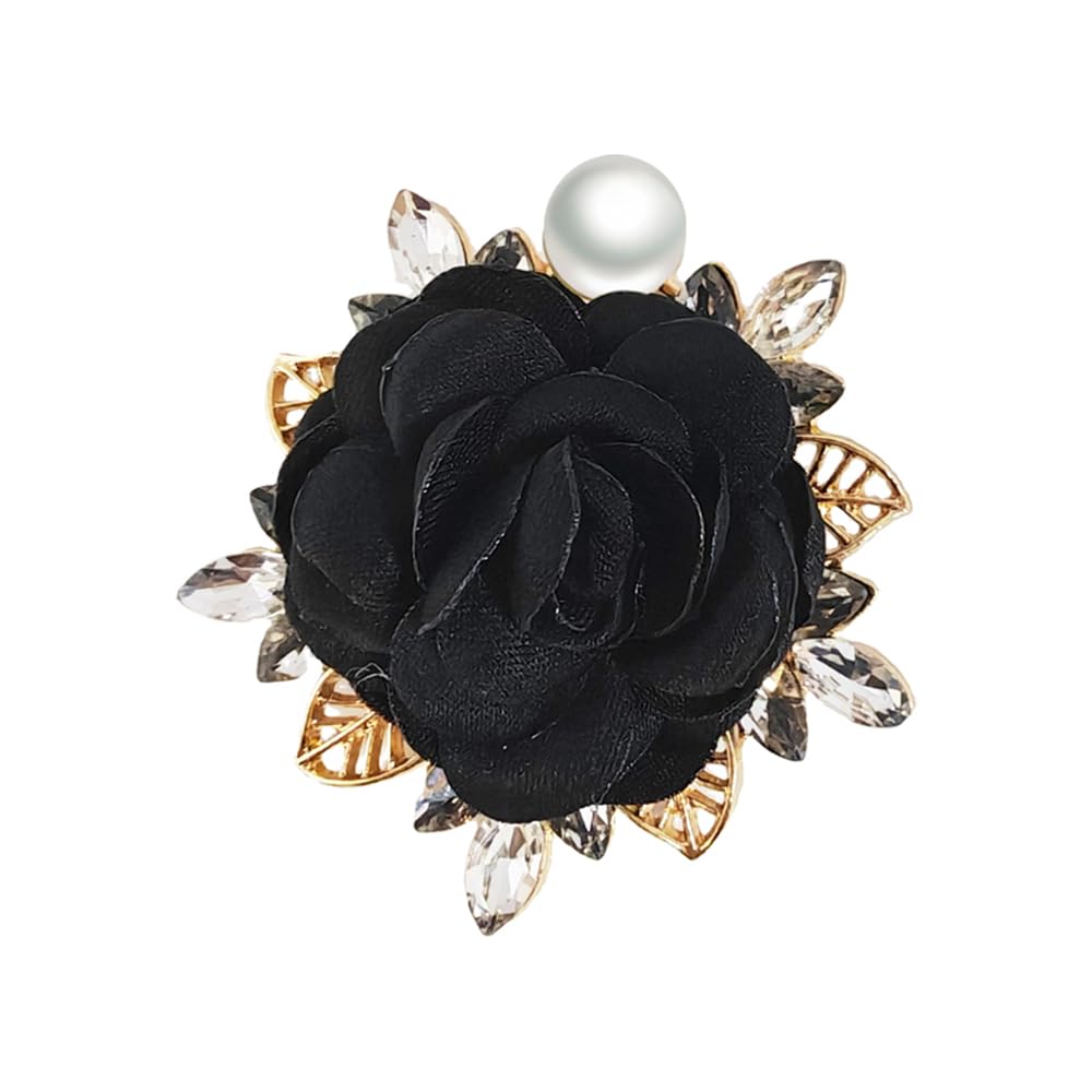 Elegant Rose Flower Brooch Pin for Women Men Wedding Party Gentleman's Essentials Handmade Imitation Crystal Pearl Fabric Flower Lapel Pin Dress Suit Accessories Boutonniere Ideas Gift (Black)