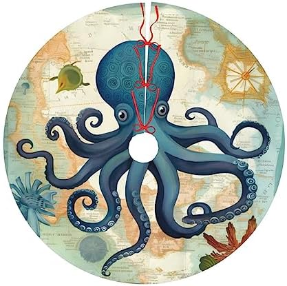 Ocean World Sea Octopus Christmas Tree Skirts 36", Xmas Tree Cloth Mats Trees Skirts for Decor Gift, Home Decoration