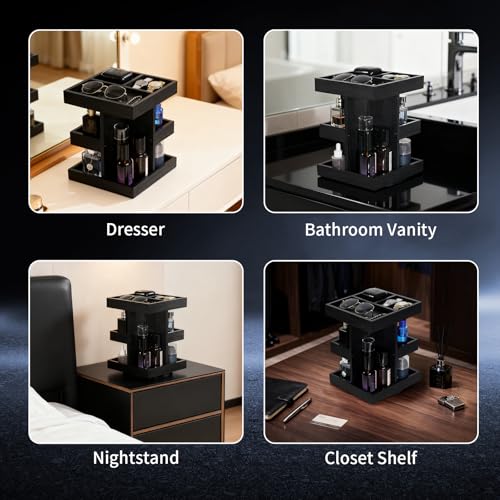 Cologne Organizer for Men, 3-Tier Rotating Cologne Stand with Non-Slip Pads, Large Capacity Wood Perfume Shelf for Desk & Nightstand, Gifts for Men Husband Birthday (Black)
