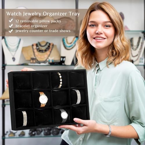 Henoyso 2 Pieces 12 Grid Velvet Watch Tray Jewelry Organizer Stackable Watch Bracelet Bangle Display Holder Adjustable Pillow(Black) - color: Black, size: 12 Grid