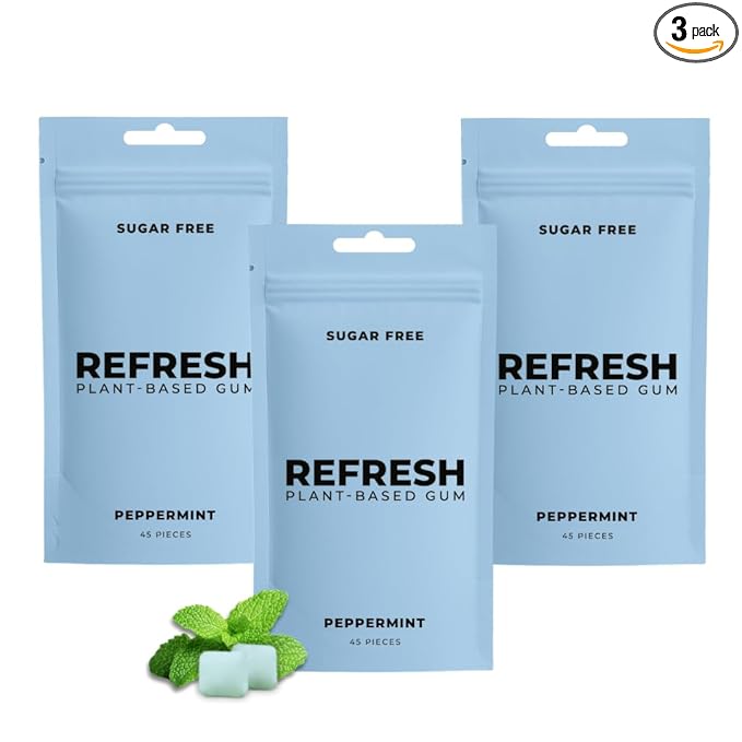 Refresh Gum Peppermint – Xylitol, Sugar Free Chewing Gum Pouches, Natural Flavor & Organic Ingredients – Aspartame Free, Plant-Based, Non-GMO – 45 Pieces Each, 3 Pack