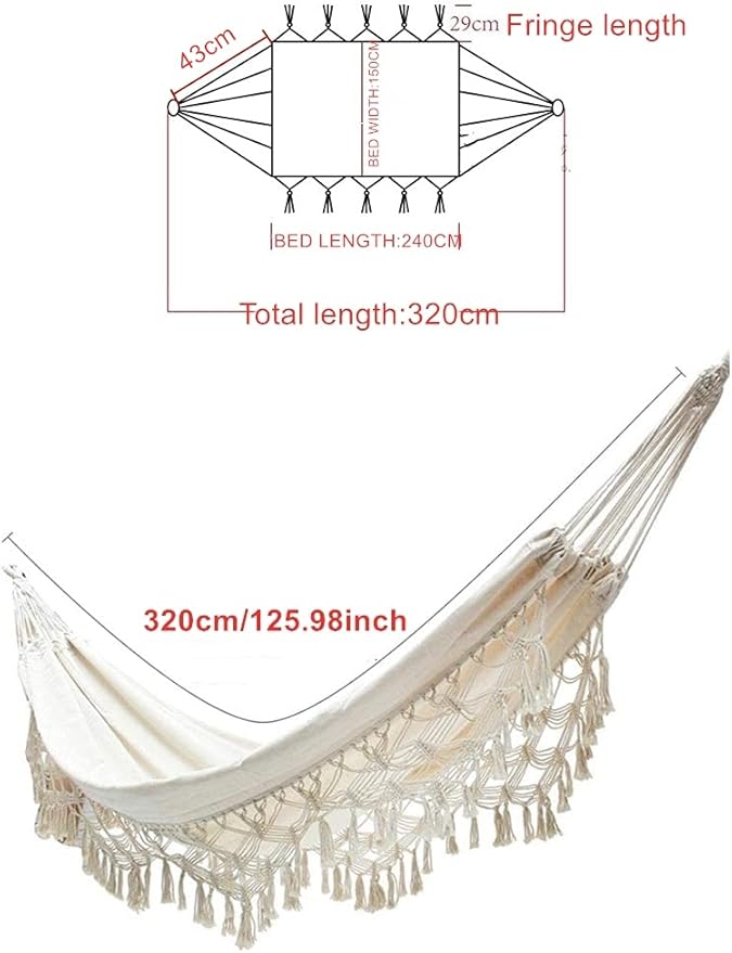 Hammock Brazilian Double Hammocks Soft Comfortable Fabric Cotton Canvas Hanging Portable Two Person Hammock Boho Fringe Large for Adults Backyard Travel