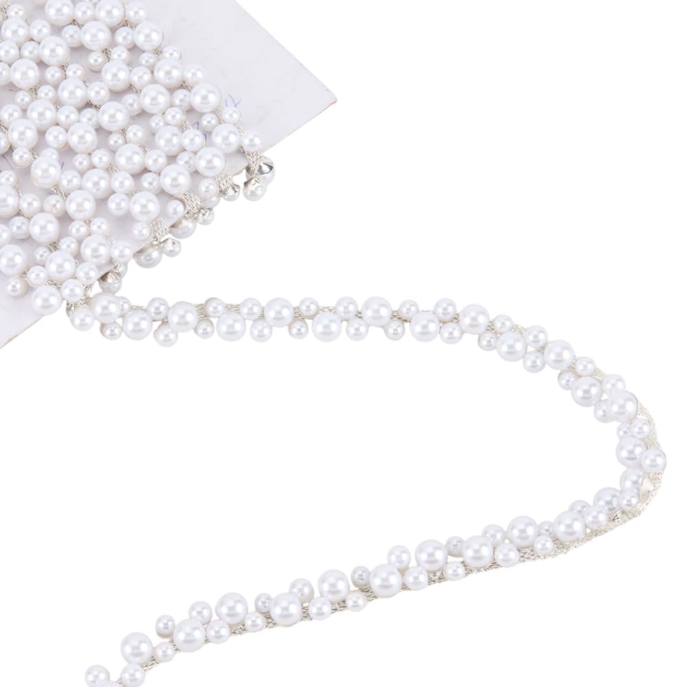 DELORIGIN 2 Yards Pearl Trim Chain String Silver Applique Fringe Ribbon Strips Beads Sewing Dress DIY Party Wedding Bouquet for Bridal Embellishment Sewing Applique Craft Halloween Dress Decor