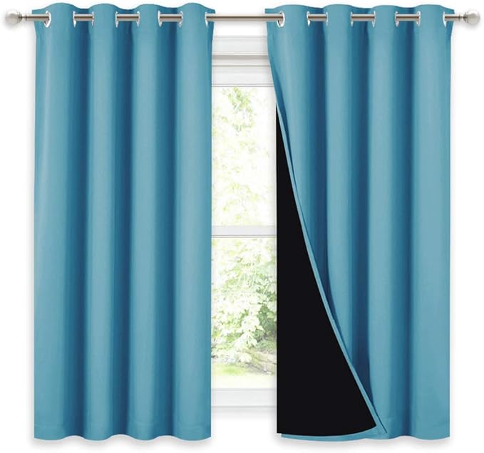 NICETOWN 100% Blackout Curtains with Black Liners, Thermal Insulated Full Blackout 2-Layer Lined Drapes, Energy Efficiency Window Draperies for Boy's Room (Teal Blue, 2 Panels, 52-inch W by 54-inch L)