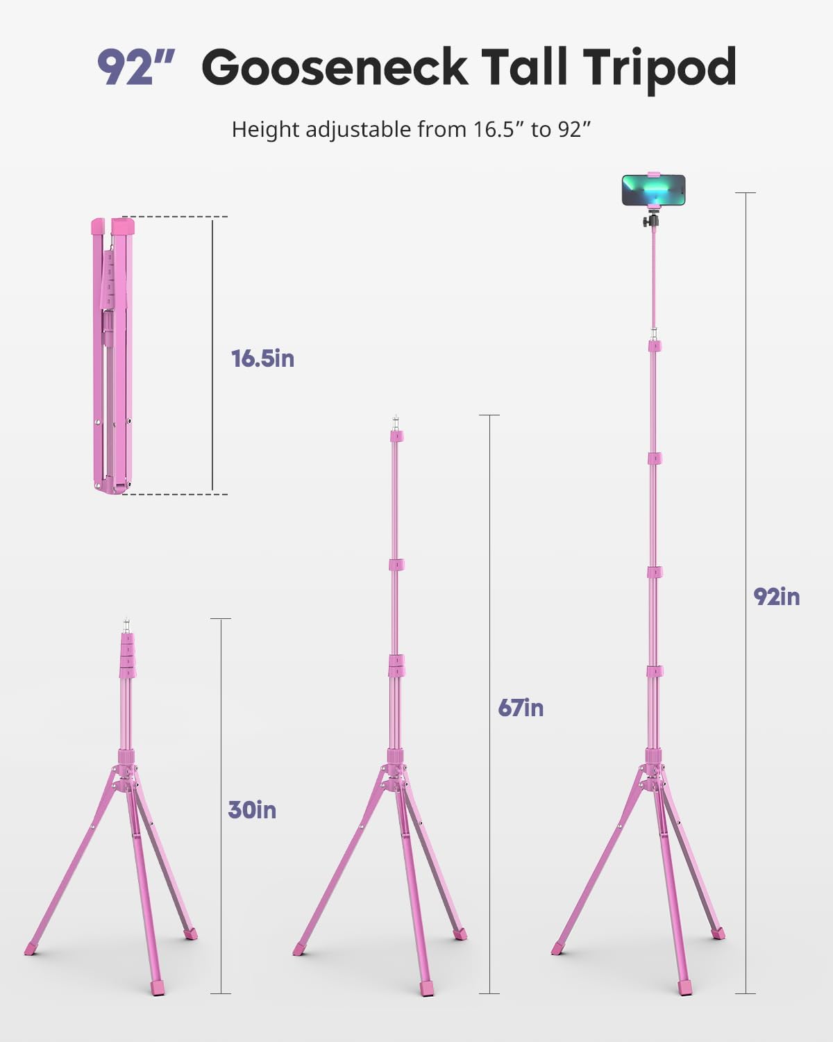 Aureday Phone Tripod, 92" Cell Phone Stand with 15" Gooseneck, Remote and Phone Holder, Overhead & Selfie Stick for Recording/Watching/Vlog, Compatible with iPhone Android, Pink