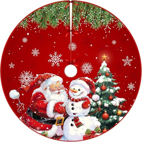 Christmas Tree Skirt 48 inch, Red Plush Snowman Snowflakes Christmas Tree Skirt, Farmhouse Xmas Tree Skirt Ornaments for Christmas Tree, Holiday Decor Party Christmas Decorations (48 inch)