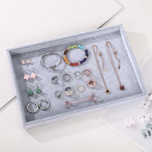 2 Pcs 13.8" x 9.5" Velvet Jewelry Tray Jewelry Display Tray Flat Tray, Stackable Empty Plate Trays for Earrings Necklaces Bracelet Rings Display Showcase - Grey - color: Grey, size: Flat Tray 13.8"x9.5"