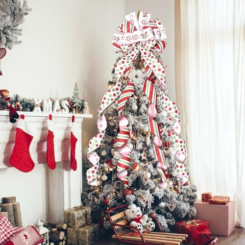 Christmas Tree Topper Wreath Bow Large Green Christmas Bow Tree Topper with Red Green Red Stripes Candy Patterned Gift Bows for Xmas Holiday Home Thanksgiving Indoor/Outdoor Decoration 52"x13"