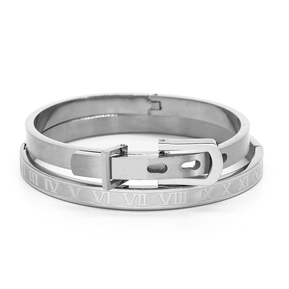 Jarlinwel Gold Silver Plated Bracelets for Men Women Roman Numeral Bangle Bracelet Stainless Steel Personalized Engraved Unisex Gift (2 Pcs Womens Silver Bangle)