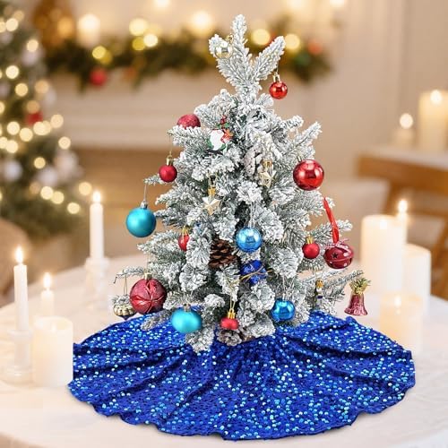 Small Sequin Christmas Tree Skirt: 24 Inches Mini Tree Skirts - Royal Blue Glitter Velvet Tree Skirt for 4ft Tree Decorations