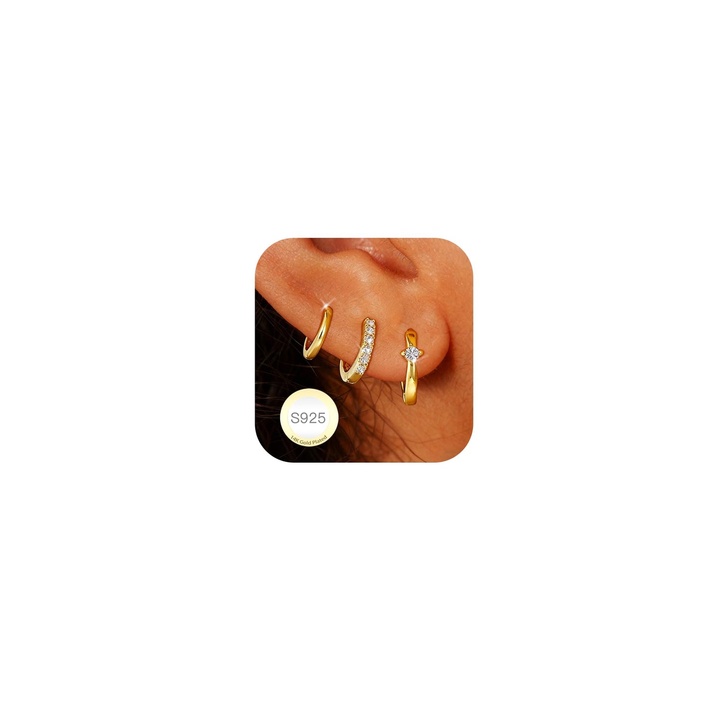 DORANA 3 Pair Small Gold Hoop Earrings Set for Women 925 Sterling Silver Huggie Earrings Non Tarnish Small Cartilage Hoops Stackable Earring Stacks Sets for Multiple Piercing