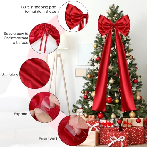 Christmas Tree Topper Bow, Double-Layer Giant Bows Christmas Decorations, Christmas Wreath Bows for Home Wreath Wall Backdrop Birthday Wedding Party Decor (Red Bow, 47 INCH)